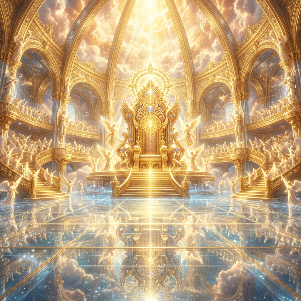 Golden throne illuminated by radiant light in a grand celestial hall with angels