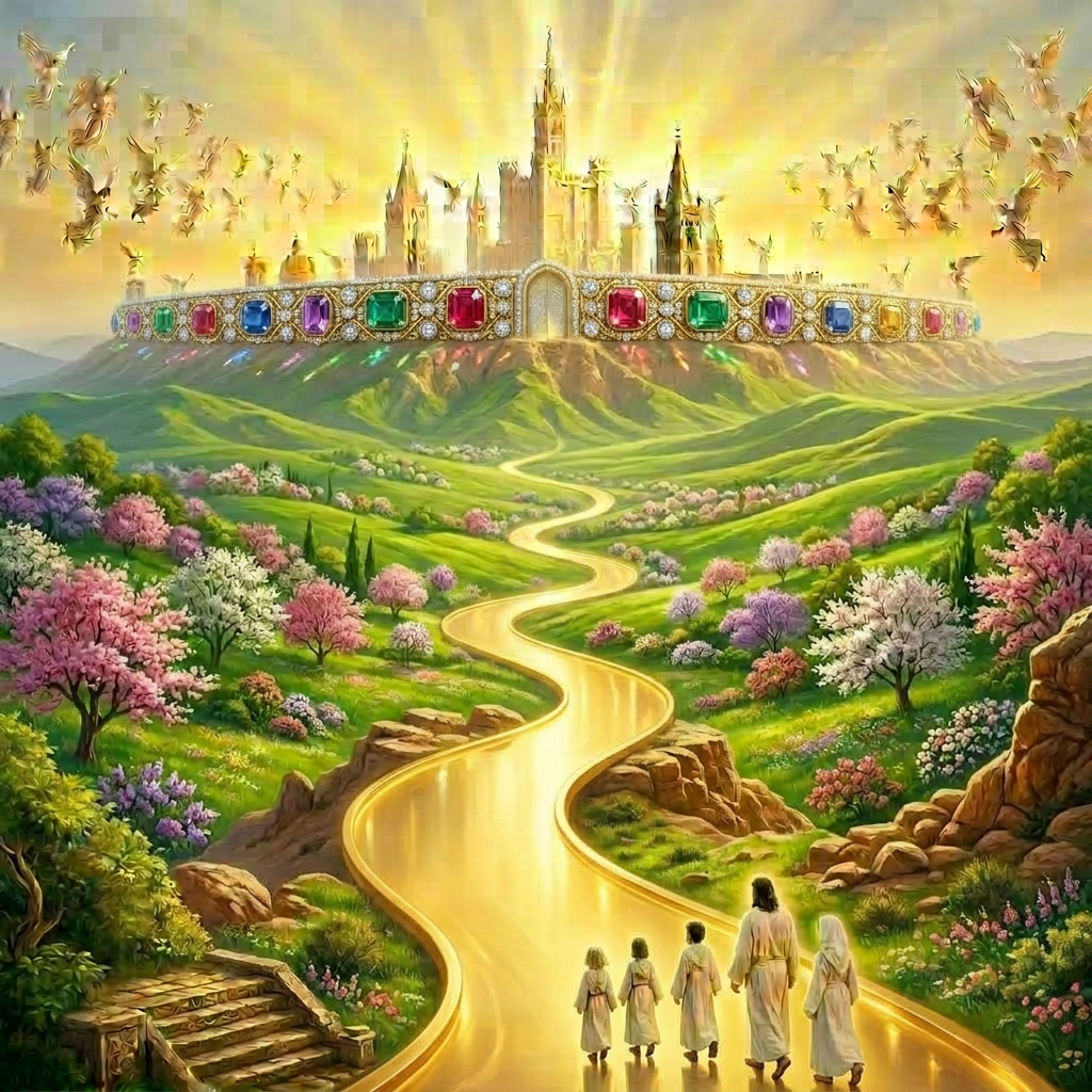 Family walking along path in blossoming orchard with medieval town on hill