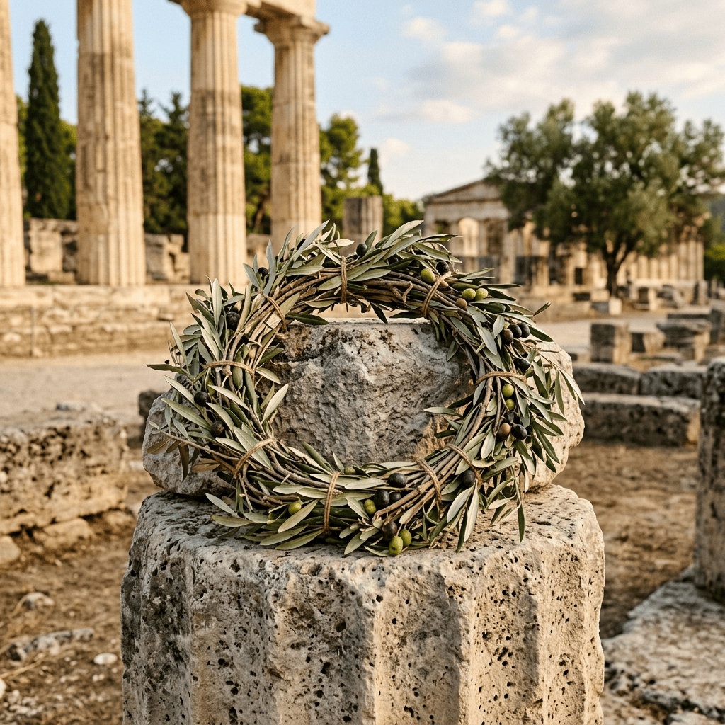 Olive wreath on stone ruins with ancient columns in background
