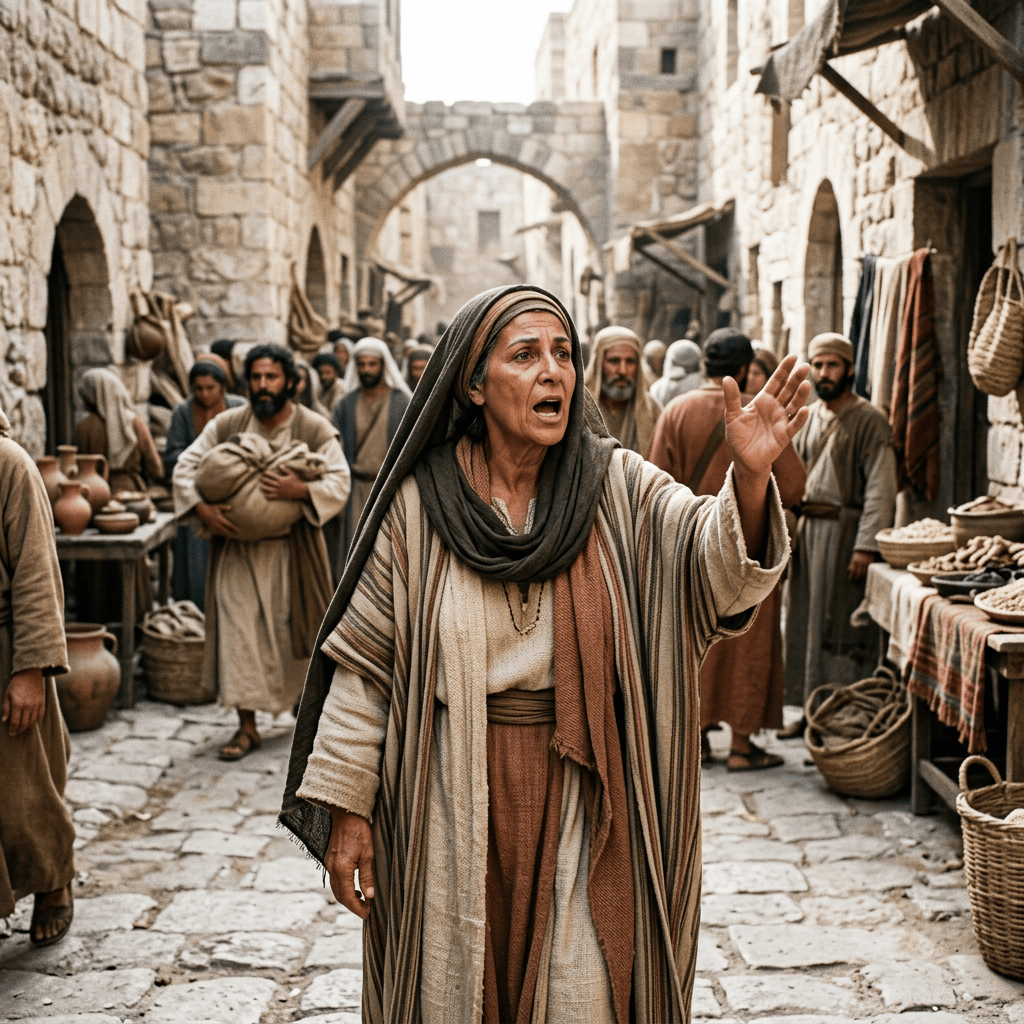 Woman in ancient attire speaking in a bustling stone-paved marketplace