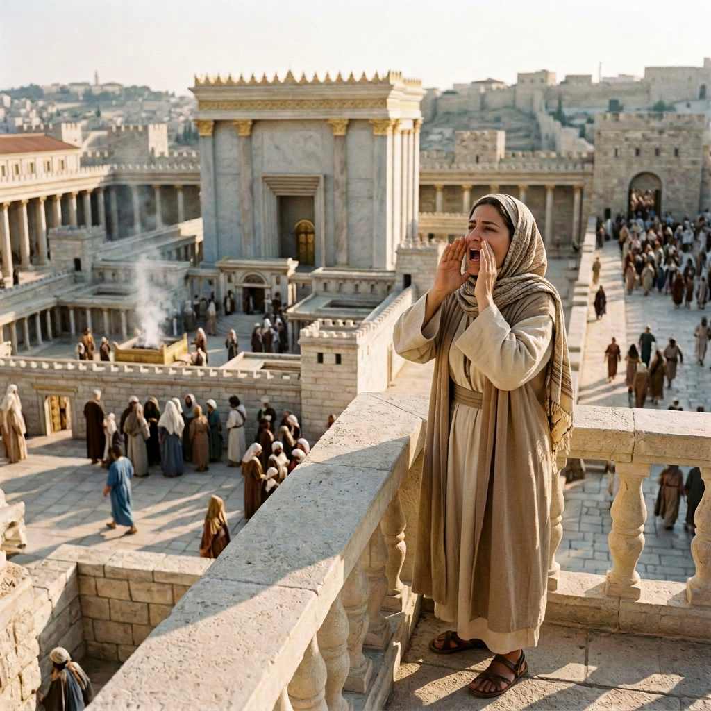 Ancient temple scene with modern phone Man dressed in ancient clothing talking on a smartphone near temple ruins with crowd
