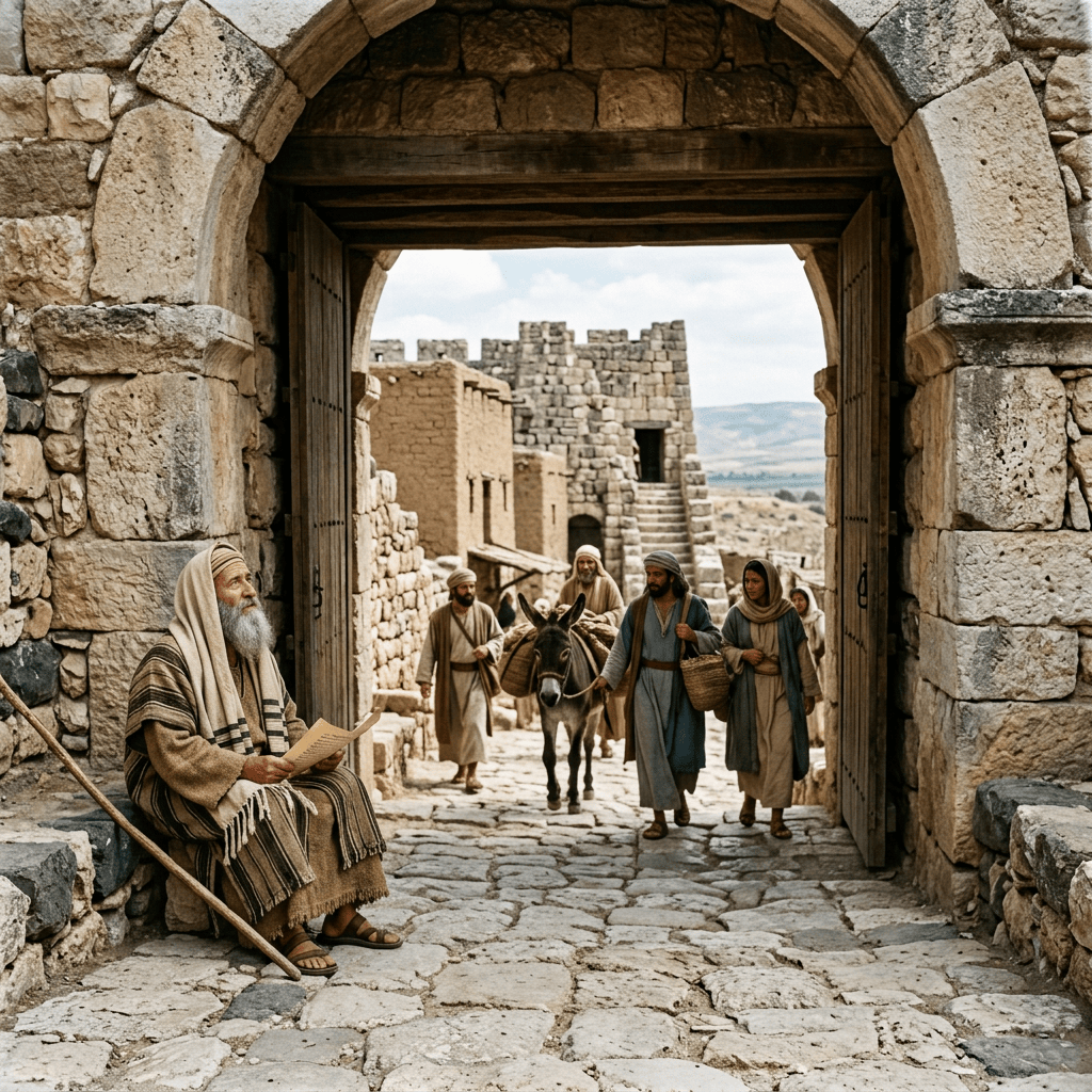 Elder man in traditional robes holding a scroll and staff at stone village gate